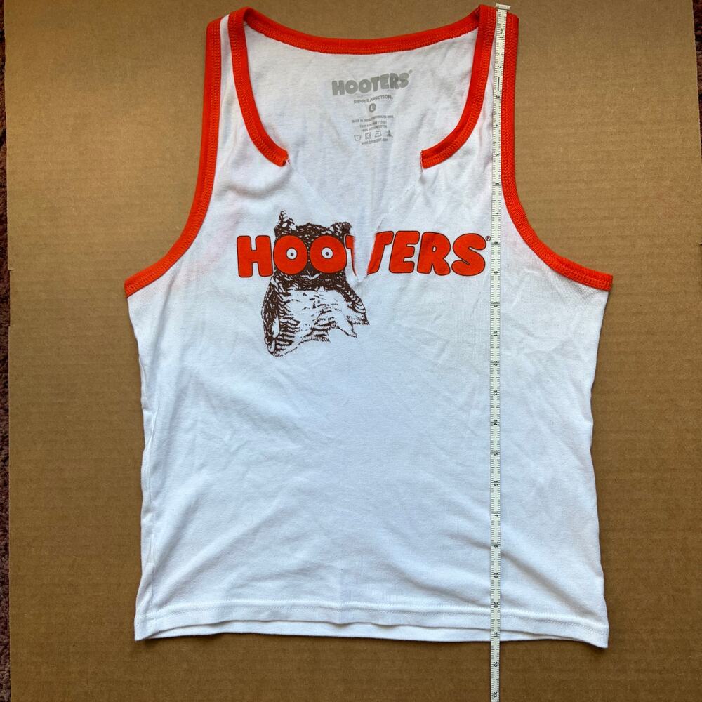 HOOTERS Retro White Tank Orange Trim Fitted Cropped Cotton Y2K Graphic Print Lg - Picture 6 of 6